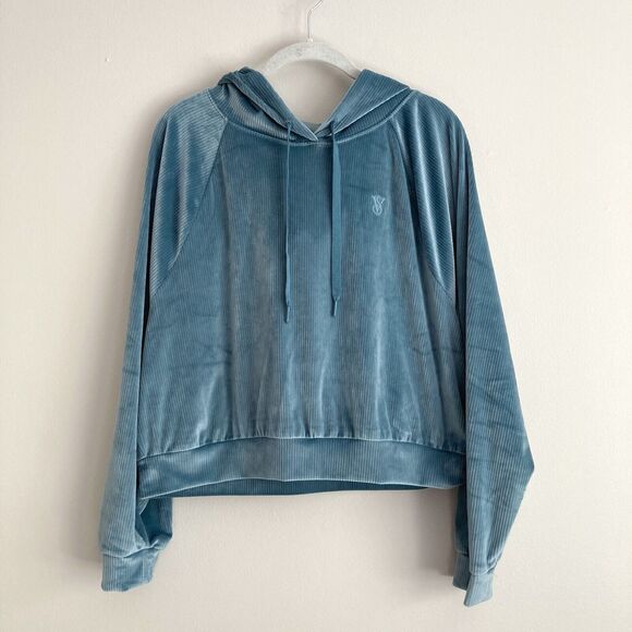 Victoria's Secret On Point Ribbed Velour Cropped Velvet Hoodie Blue Size Large - Picture 1 of 9